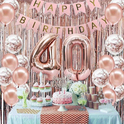58Pc/Set 40-Inch Number Foil Balloons Party Backdrop Rain Curtain Rose Gold Glitter Balloons Happy Birthday Pink Banner Birthday Party Set Celebration Birthday Party Combo Set Suitable for 16Th 21St 30Th 40Th 50Th 60Th 70Th C