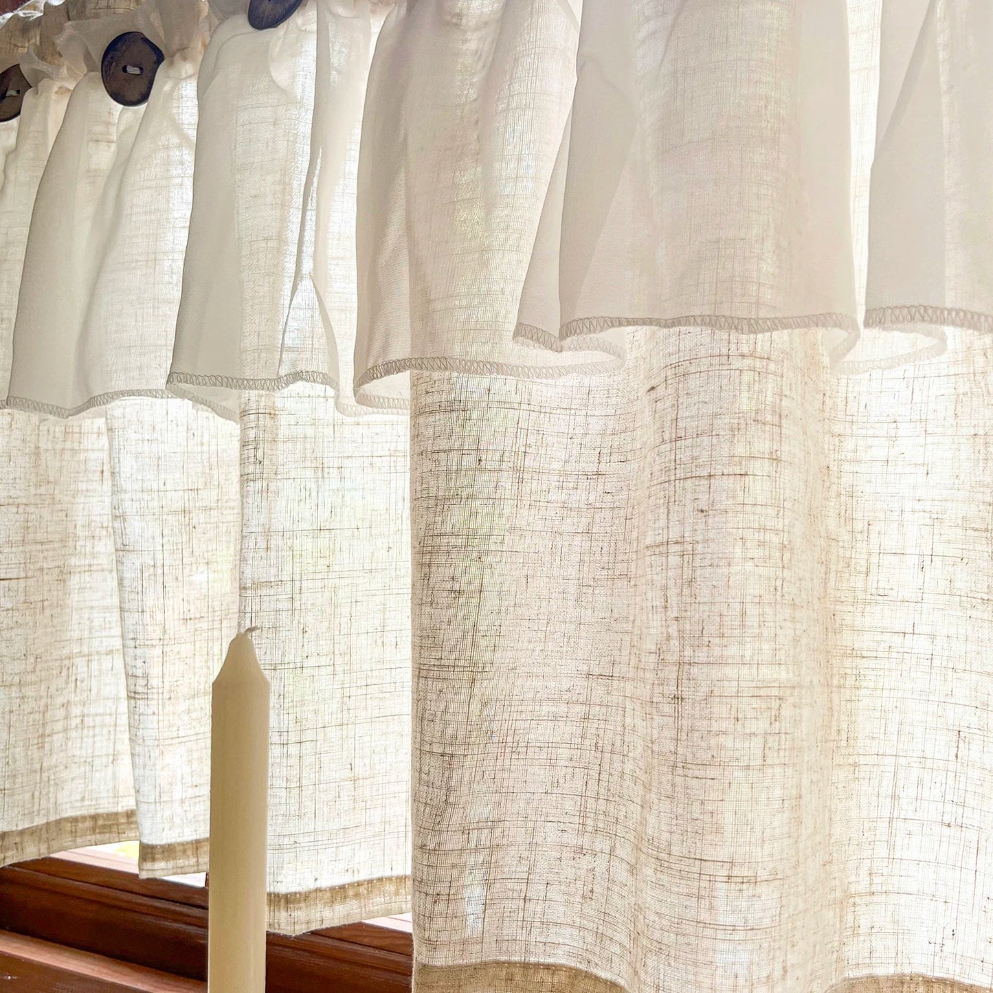 Countryside Double-layer Pleated Small Curtains For Kitchen,With Button Design Cafe Style Half Curtain,Affordable Linen Curtains