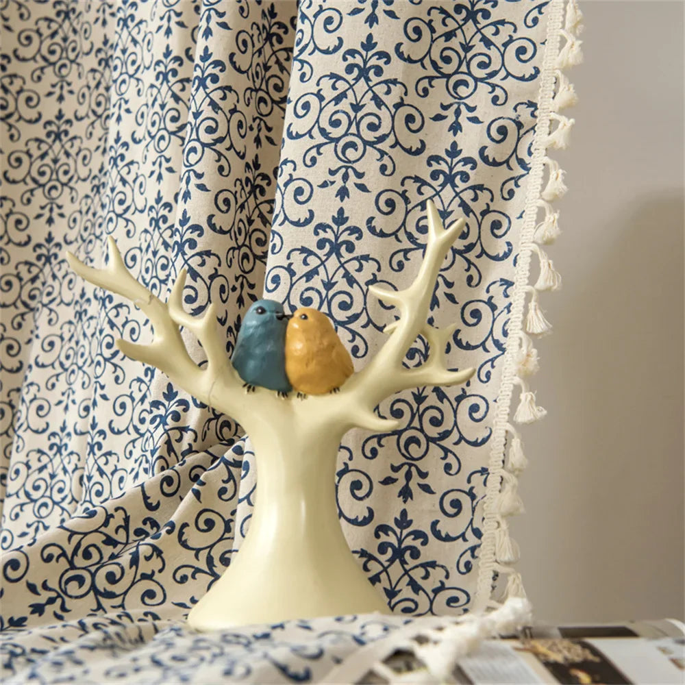 Clochef 1pc American Vintage Farmhouse Curtain Bohemian Imitation Linen Pure Hand Sewn Fringe Curtains Blue And White Porcelain