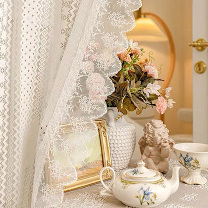 French Romantic White Geometric Star Floral Pattern Ruffles Sheer Lacework Curtains for Living Room Tulle for Windows Drapes
