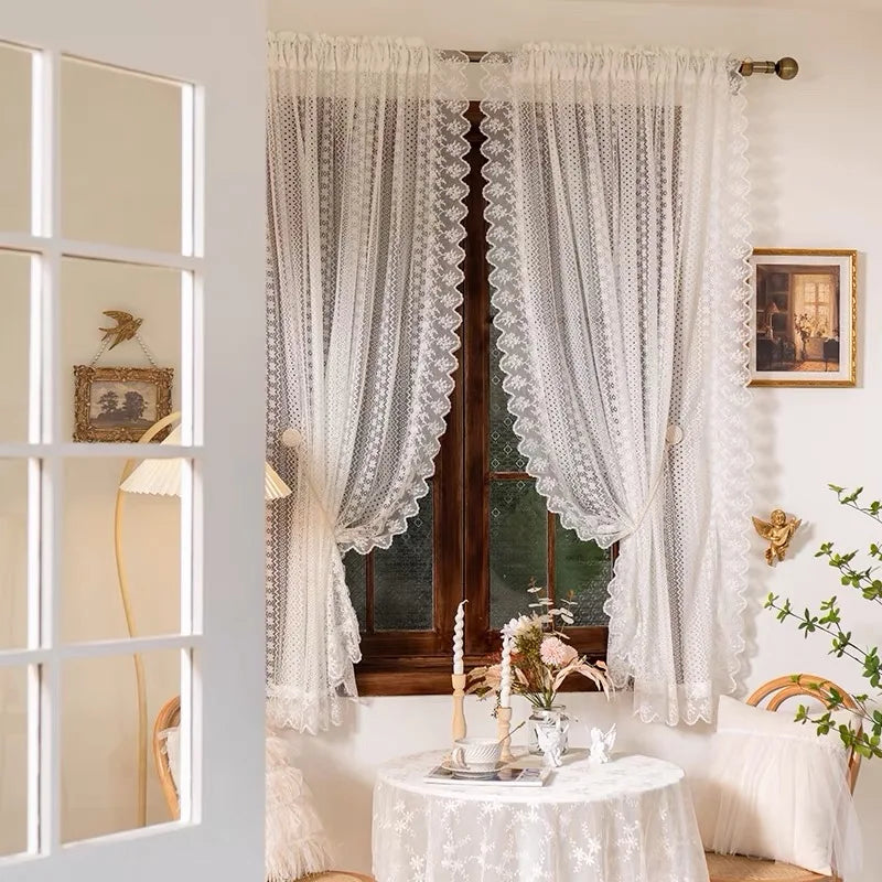 French Romantic White Geometric Star Floral Pattern Ruffles Sheer Lacework Curtains for Living Room Tulle for Windows Drapes