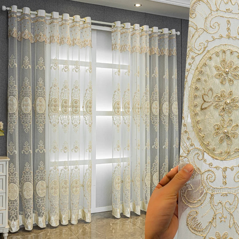 European High-End Pearl Lace Embroidered Sheer Curtains For Living Rooms, Beige Tulle Curtains For Bedroom, Home Window Curtains