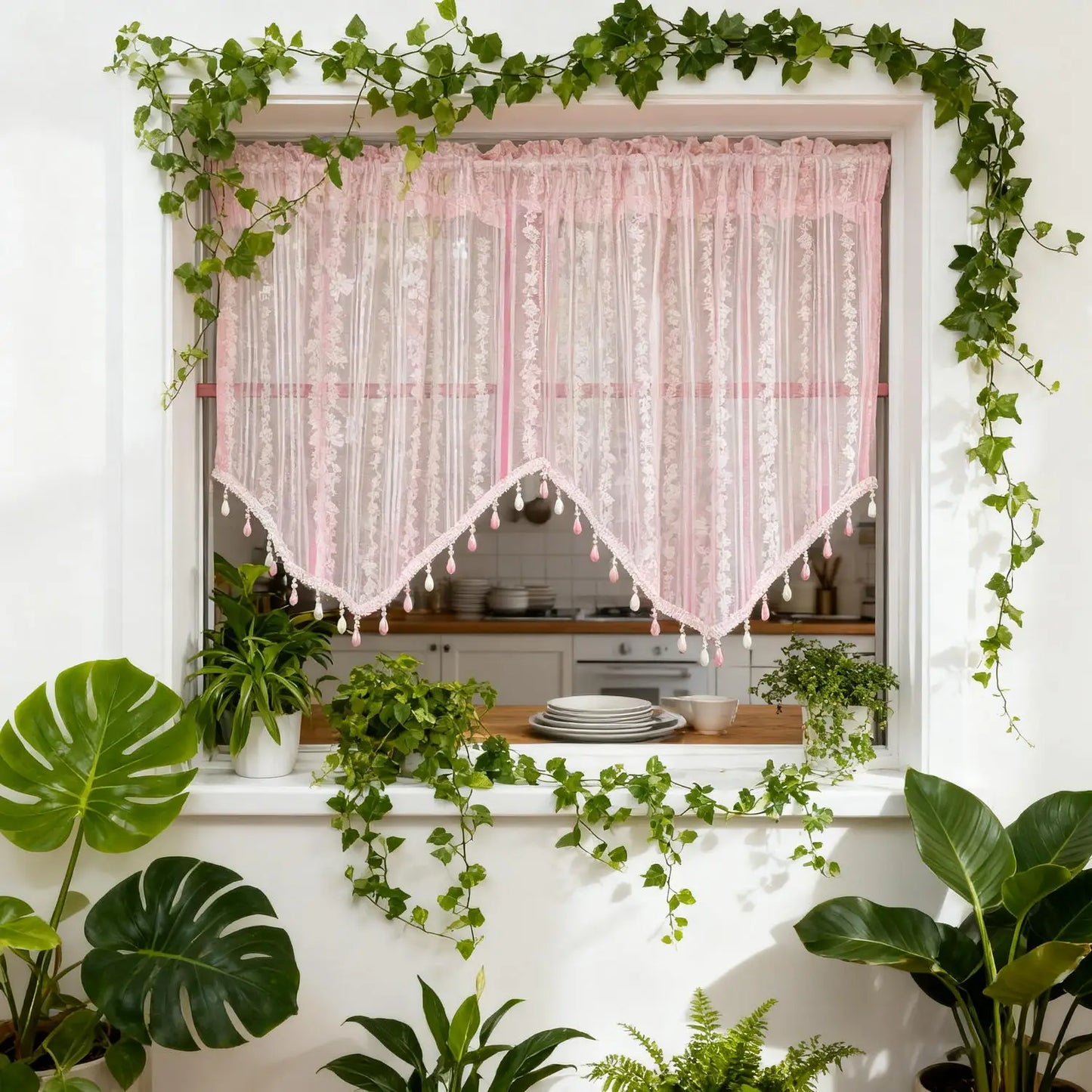 1PC Pink Floral Lace Beaded Jacquard Sheer Curtain for Living Room Kitchen Small Window Drape Cafe Study Blinds