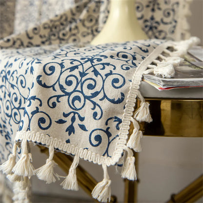 Clochef 1pc American Vintage Farmhouse Curtain Bohemian Imitation Linen Pure Hand Sewn Fringe Curtains Blue And White Porcelain