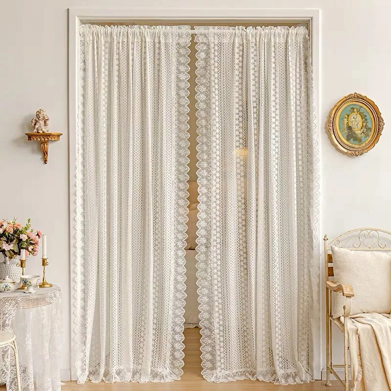 French Romantic White Geometric Star Floral Pattern Ruffles Sheer Lacework Curtains for Living Room Tulle for Windows Drapes