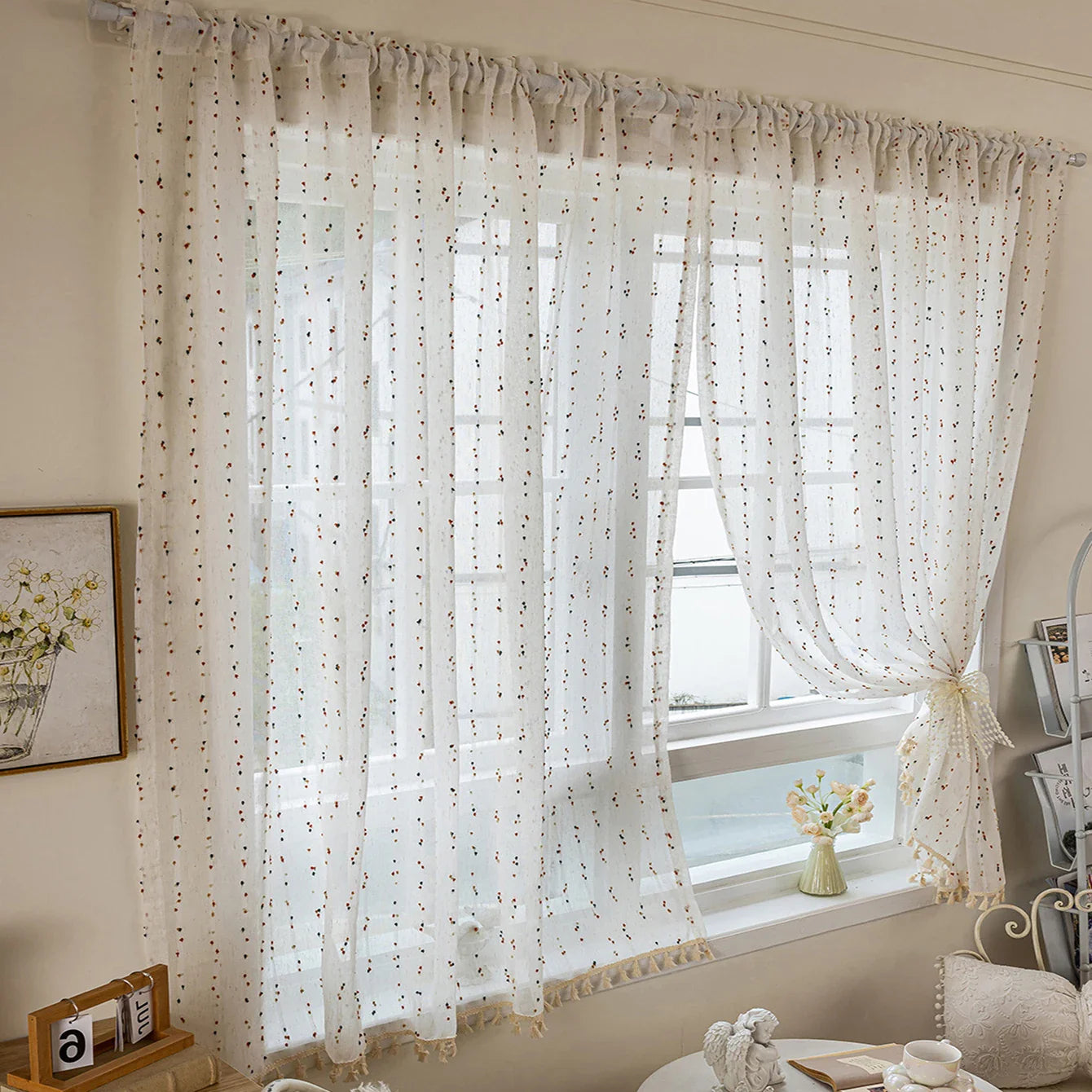 Modern Minimalist Striped Privacy Sheer Curtain, High-Quality Linen Sheer Voile with tassel Embellishment,Cute Home Drapes