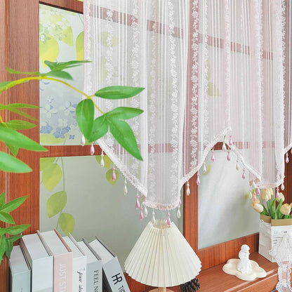 1PC Pink Floral Lace Beaded Jacquard Sheer Curtain for Living Room Kitchen Small Window Drape Cafe Study Blinds