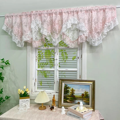 1Pc,Princess Style White Pink Double Layer Jacquard Lace with Ruffles Swag Waterfal Valance Sheer Curtains for Room Windows