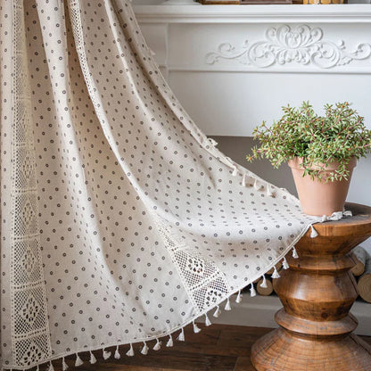 Boho Curtains Semi-Blackout Crochet Patchwork Floral Print Cotton Linen with Tassels Rod Pocket Window Drapes for Living Bedroom