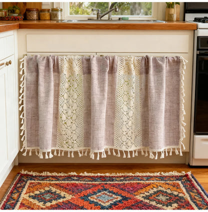 Bohemian Crochet Lace Kitchen Curtain with Tassel Trim, Spliced Design Boho Curtains for Window Panel Light Filtering Drape