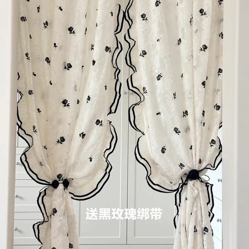 Black Embroidered Lace Rose Window Screen Embroidered Curtain with Lace Partition, Transparent But Not Transparent Curtains