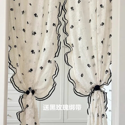 Black Embroidered Lace Rose Window Screen Embroidered Curtain with Lace Partition, Transparent But Not Transparent Curtains