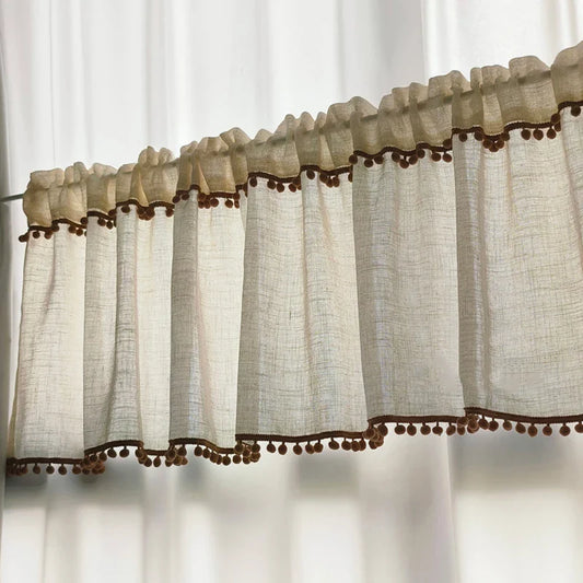Kitchen Curtains Faux Linen Textured Small Cafe Window Curtain with Pom Pom Over Sink Light Filtering Short Curtain for Bathroom