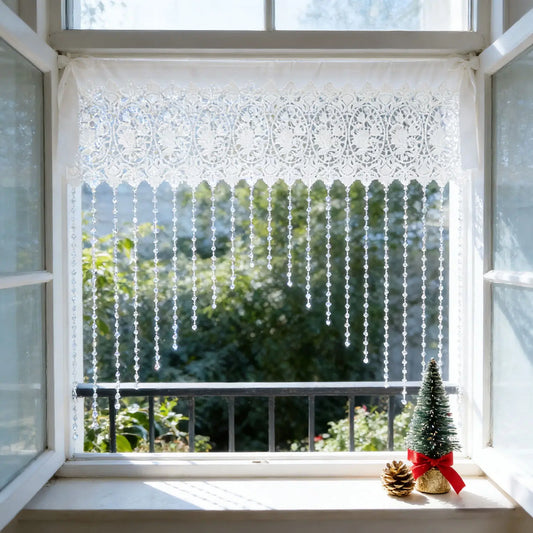 Luxury French Country Curtain with Embroidered Lace Crystal Pendants Semi-Sheer Panel,Translucent Light Filtering Window Drapery