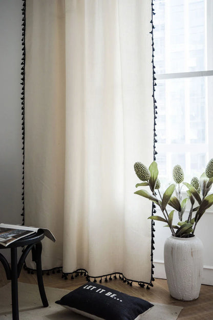 Boho Curtains Natural Linen Look Textured Burlap for Bedroom Rod Pocket Semi Blackout with Tassels Window Drapes for Living Room