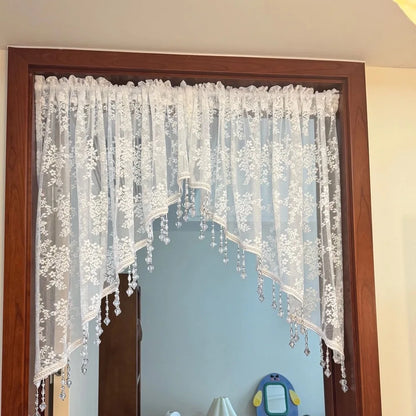 Elegant French Vintage Lace Half Curtain with Beaded Lace Triangle Design | Rod Pocket Privacy Curtain for Bedroom, Kitchen