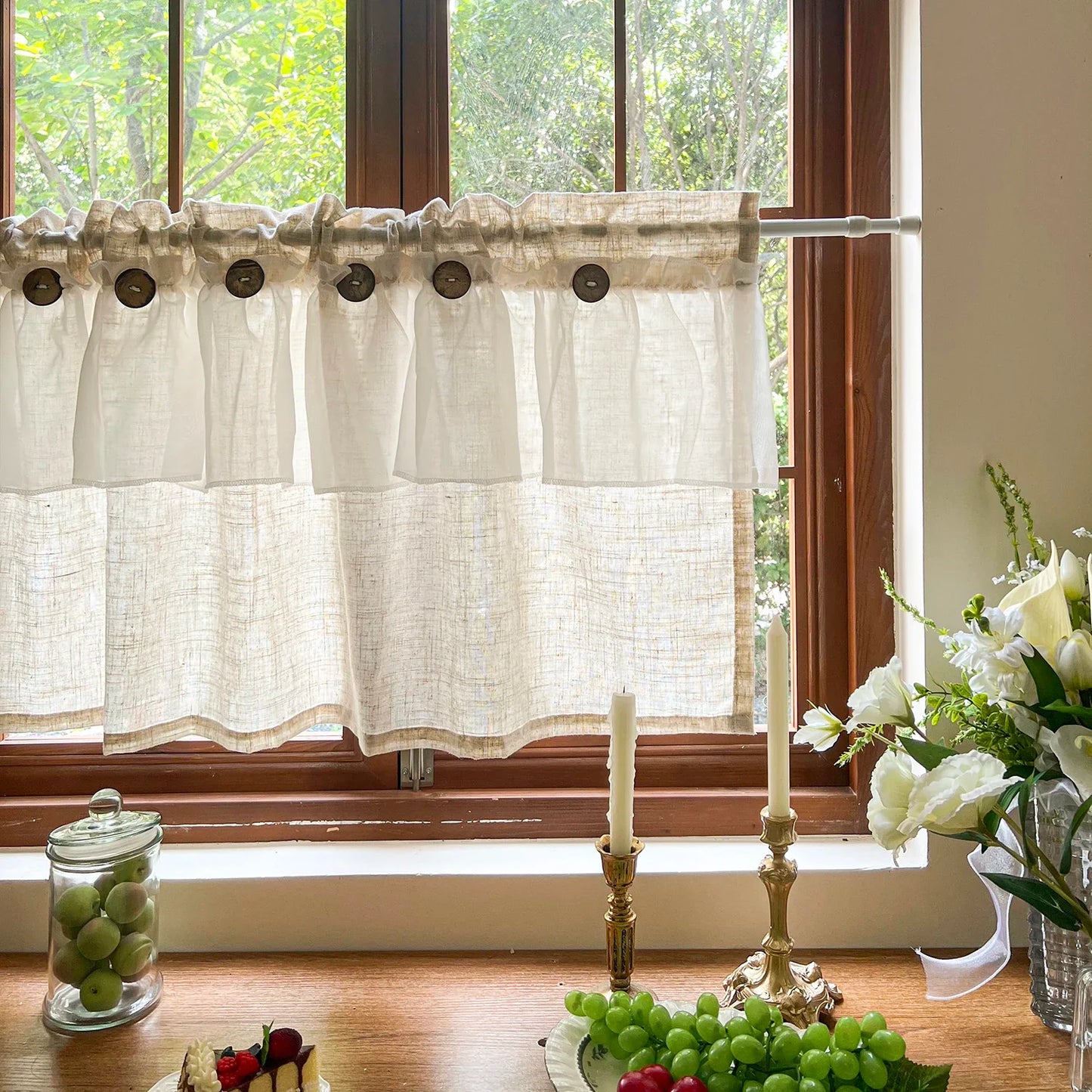 Countryside Double-layer Pleated Small Curtains For Kitchen,With Button Design Cafe Style Half Curtain,Affordable Linen Curtains