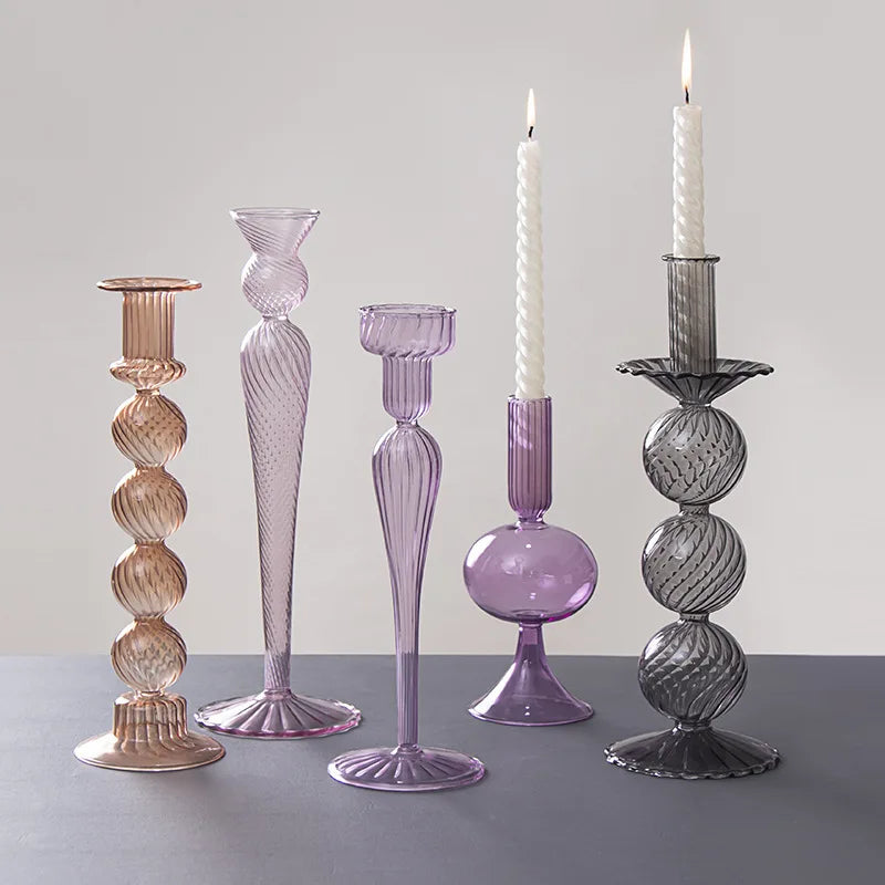European Style Hand Blown Lilac Glass Candle Holder High Quality Decorative Wedding Table Centerpiece Party Decor Candlestick