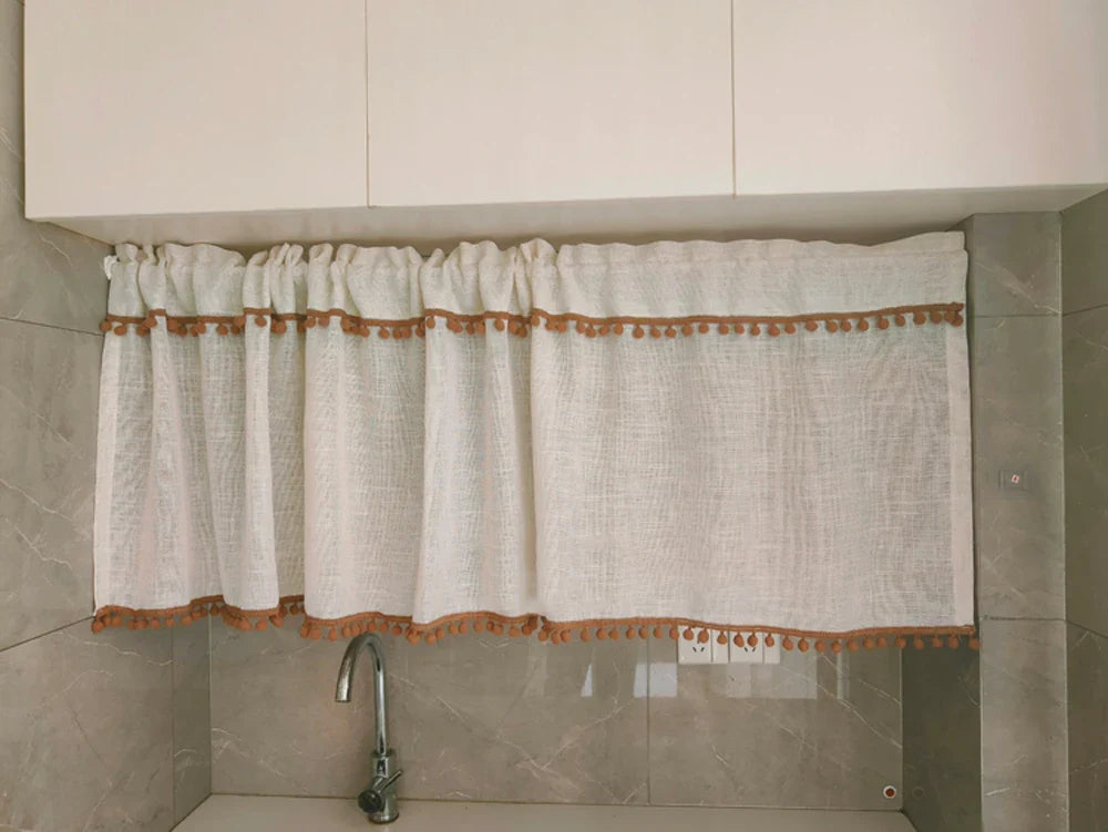 Kitchen Curtains Faux Linen Textured Small Cafe Window Curtain with Pom Pom Over Sink Light Filtering Short Curtain for Bathroom
