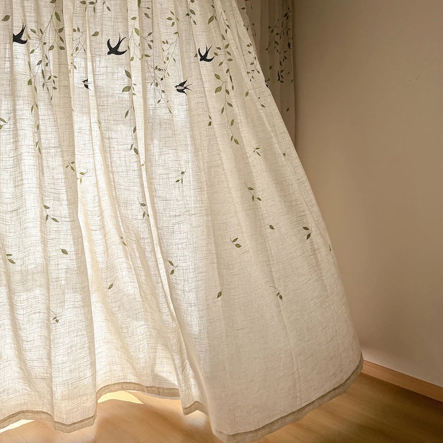 French Embroidered Bird Linen Curtain For Living Room, Privacy Sheer Curtain For Bedroom, Machine Washable .Easy Install Curtain