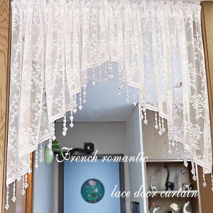 Elegant French Vintage Lace Half Curtain with Beaded Lace Triangle Design | Rod Pocket Privacy Curtain for Bedroom, Kitchen