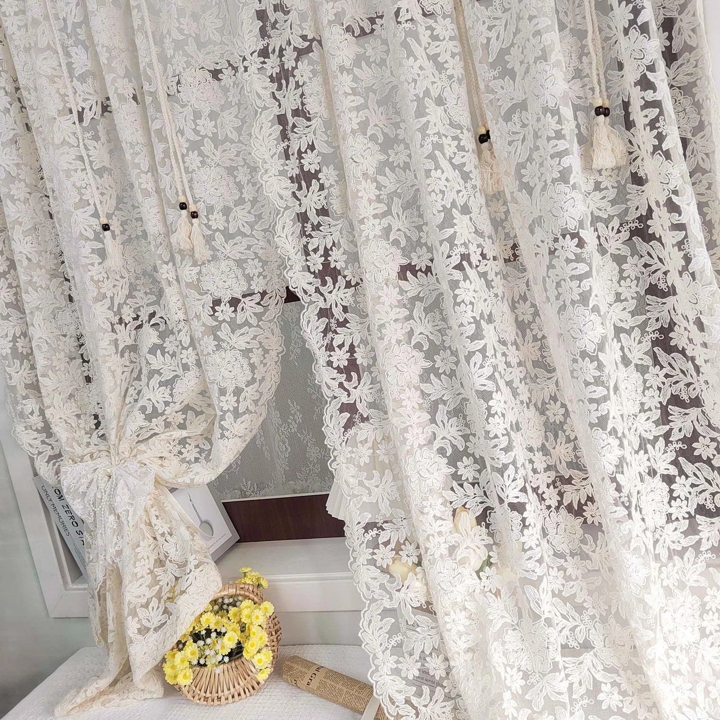 French Lace Tulle Curtain, Sling Tassel Special Design Beige Curtain For Bedroom Living Room, Window Curtain, Door Curtain