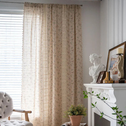 Boho Curtains Semi-Blackout Crochet Patchwork Floral Print Cotton Linen with Tassels Rod Pocket Window Drapes for Living Bedroom