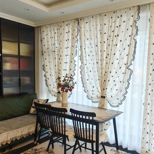 Black Embroidered Lace Rose Window Screen Embroidered Curtain with Lace Partition, Transparent But Not Transparent Curtains