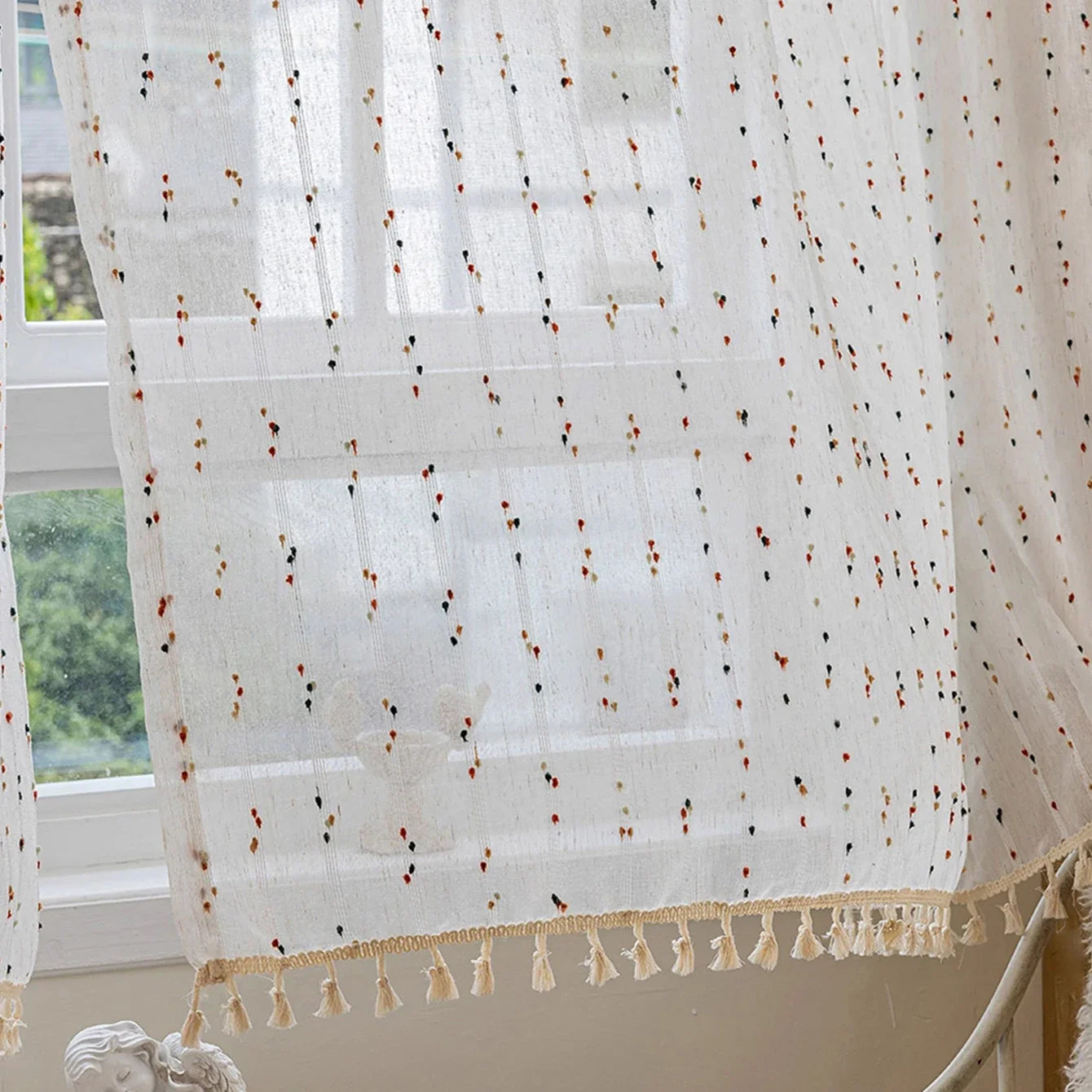 Modern Minimalist Striped Privacy Sheer Curtain, High-Quality Linen Sheer Voile with tassel Embellishment,Cute Home Drapes