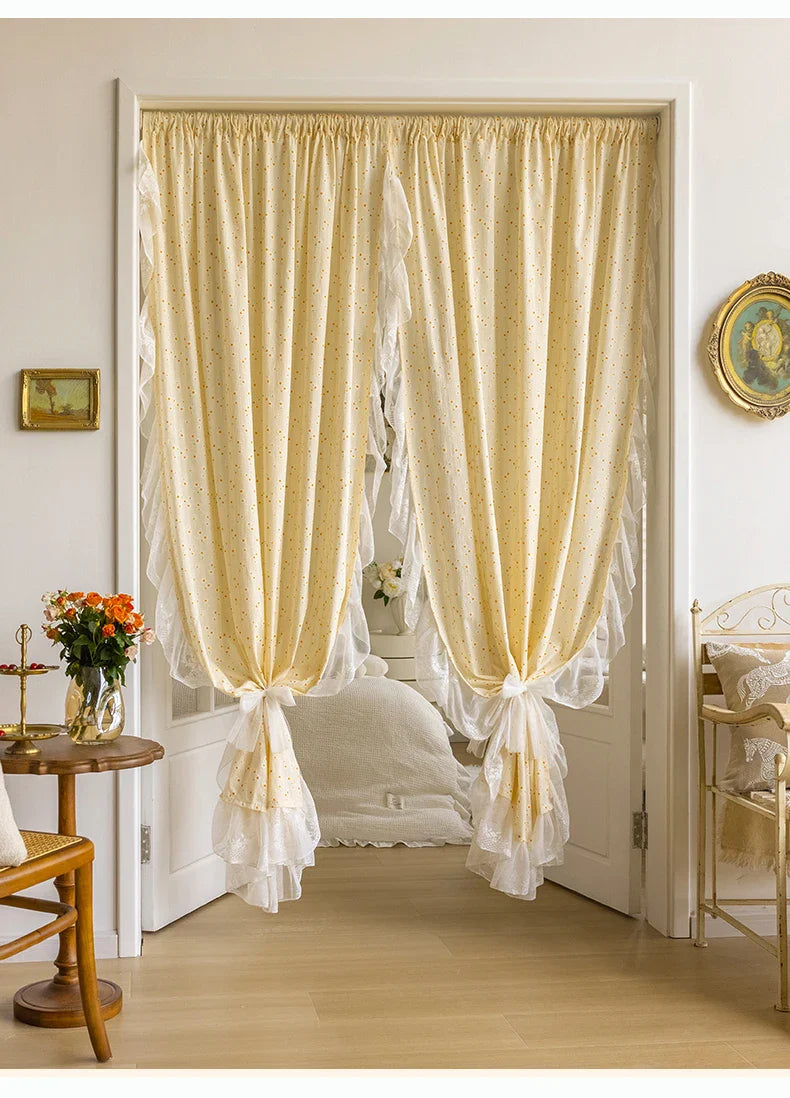 Light Yellow Daisy French Vintage Ruffle Lace Flower Semi Blackout Curtains Cotton Linen Window Door Cabinet Drapes for Bedroom