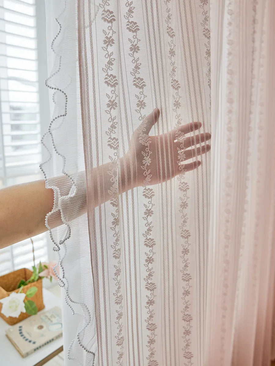 Pink Vertical Striped Rose Flower Lace With White Pearl Ruffled Tulle Curtains For Living Room Romantic Princess Bedroom Drapes