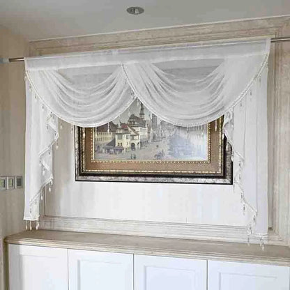 White Linen Valance Curtain Head Luxury Beaded Lace Voile Valance Curtain Wavy Curtain Custom Window Panel Drape for Living Room