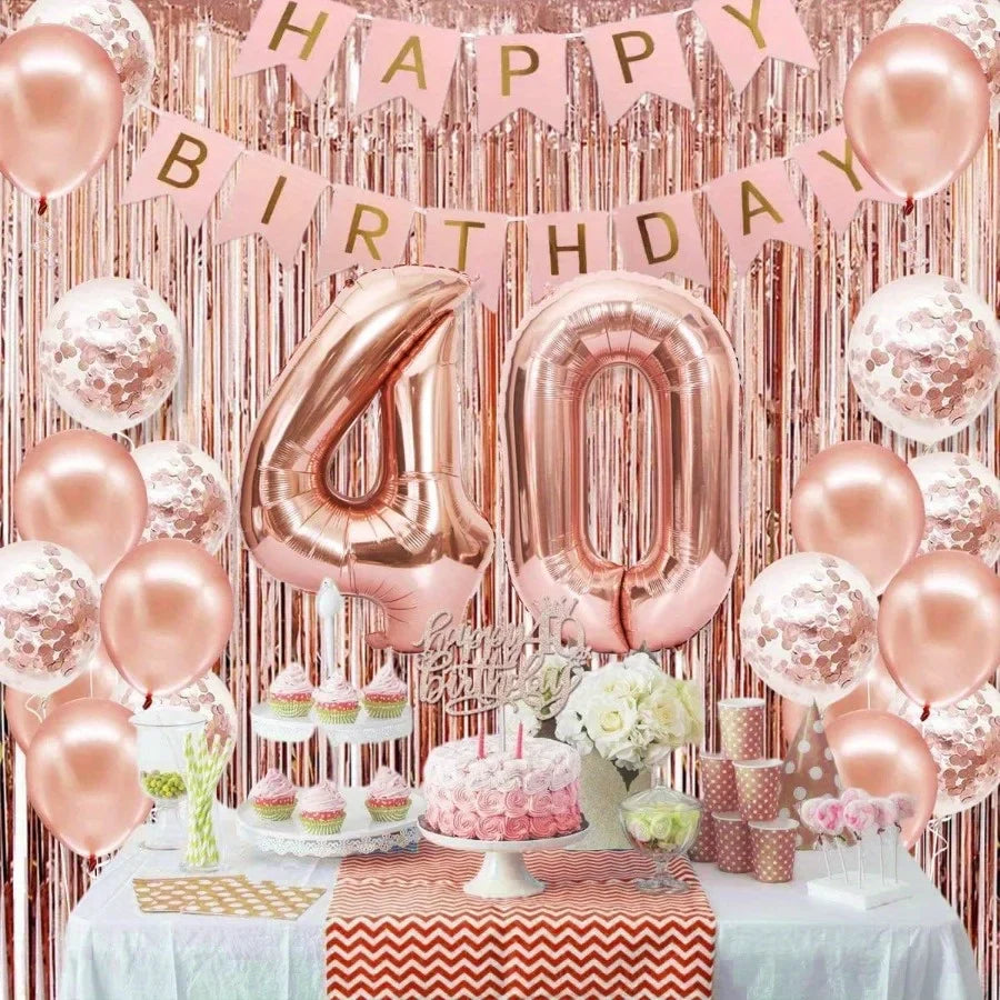 58Pc/Set 40-Inch Number Foil Balloons Party Backdrop Rain Curtain Rose Gold Glitter Balloons Happy Birthday Pink Banner Birthday Party Set Celebration Birthday Party Combo Set Suitable for 16Th 21St 30Th 40Th 50Th 60Th 70Th C