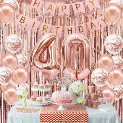 58Pc/Set 40-Inch Number Foil Balloons Party Backdrop Rain Curtain Rose Gold Glitter Balloons Happy Birthday Pink Banner Birthday Party Set Celebration Birthday Party Combo Set Suitable for 16Th 21St 30Th 40Th 50Th 60Th 70Th C