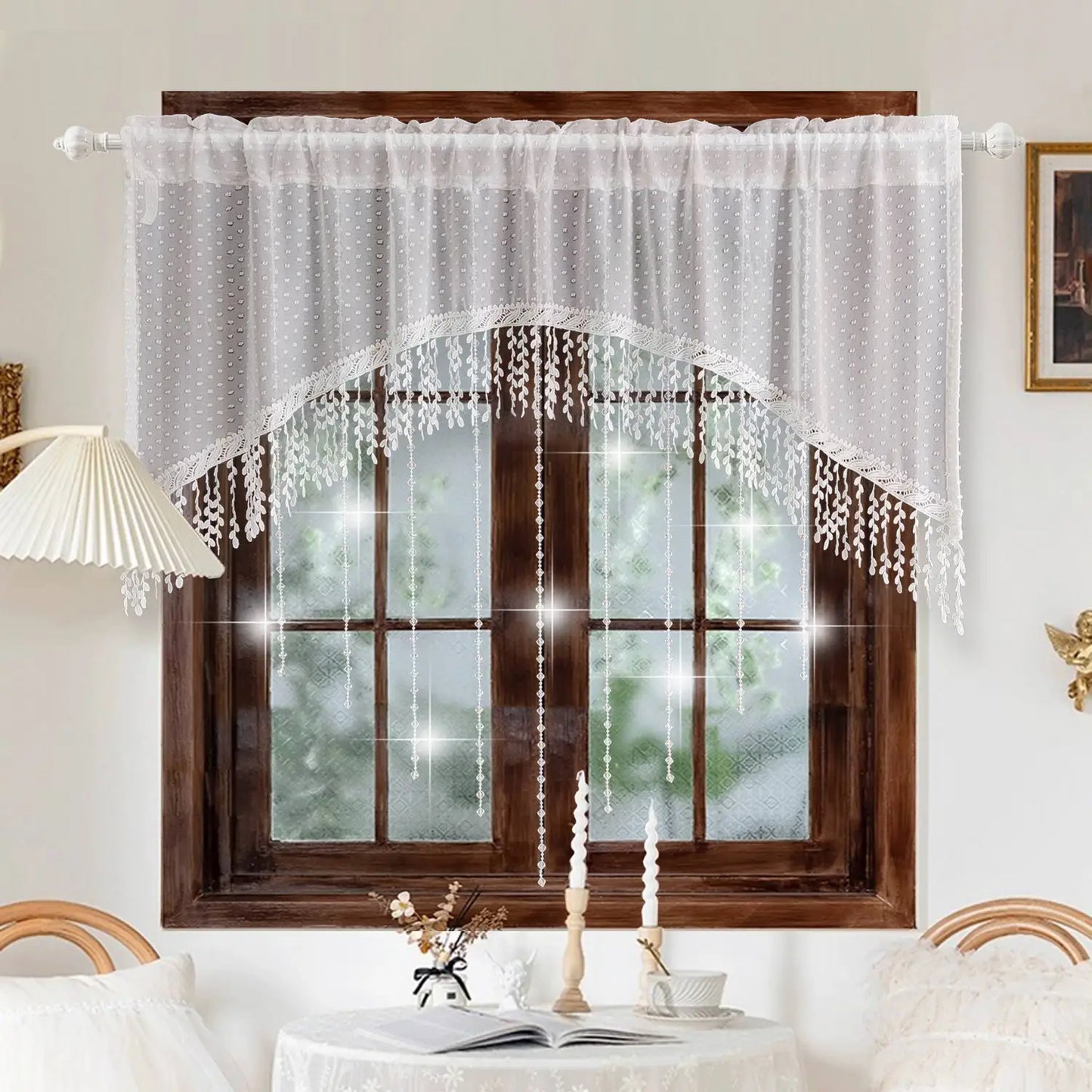 Luxury French Country Curtain with Embroidered Lace Crystal Pendants Semi Sheer Panel,Translucent Light Filtering Window Drapery