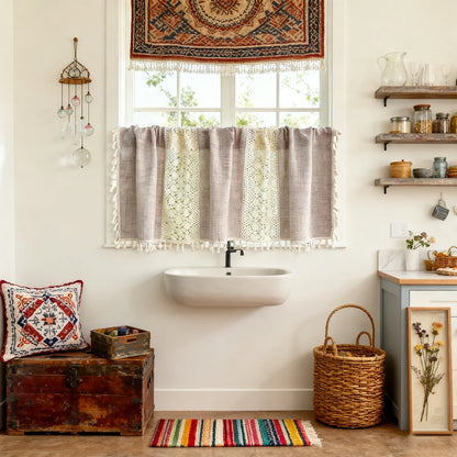 Bohemian Crochet Lace Kitchen Curtain with Tassel Trim, Spliced Design Boho Curtains for Window Panel Light Filtering Drape