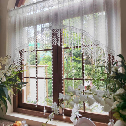 Luxury French Country Curtain with Embroidered Lace Crystal Pendants Semi Sheer Panel,Translucent Light Filtering Window Drapery