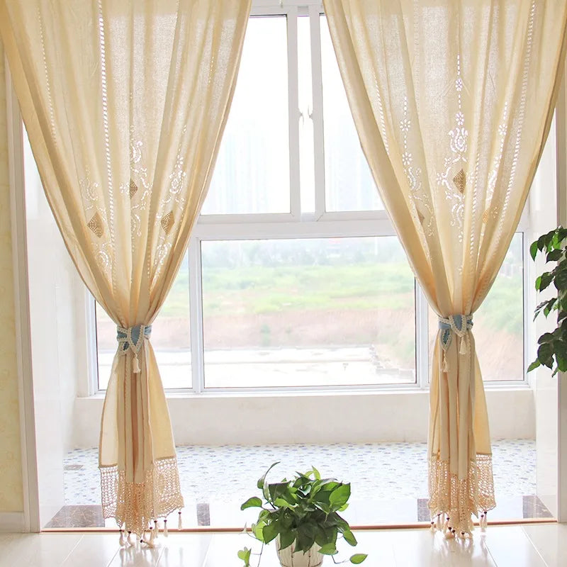 French Solid Cotton Linen Retro Hollow Curtain Handmade Crochet Bottom Stitching Blackout Window Curtain for Living Room