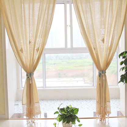 French Solid Cotton Linen Retro Hollow Curtain Handmade Crochet Bottom Stitching Blackout Window Curtain for Living Room