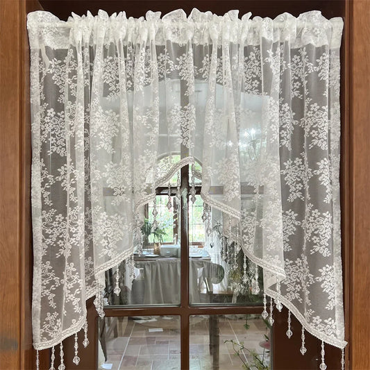White Floral Lace Sheer Curtain Vintage Beaded Triangle Window Drapes for Dining Room Kitchen Entryway Elegant Home Decor