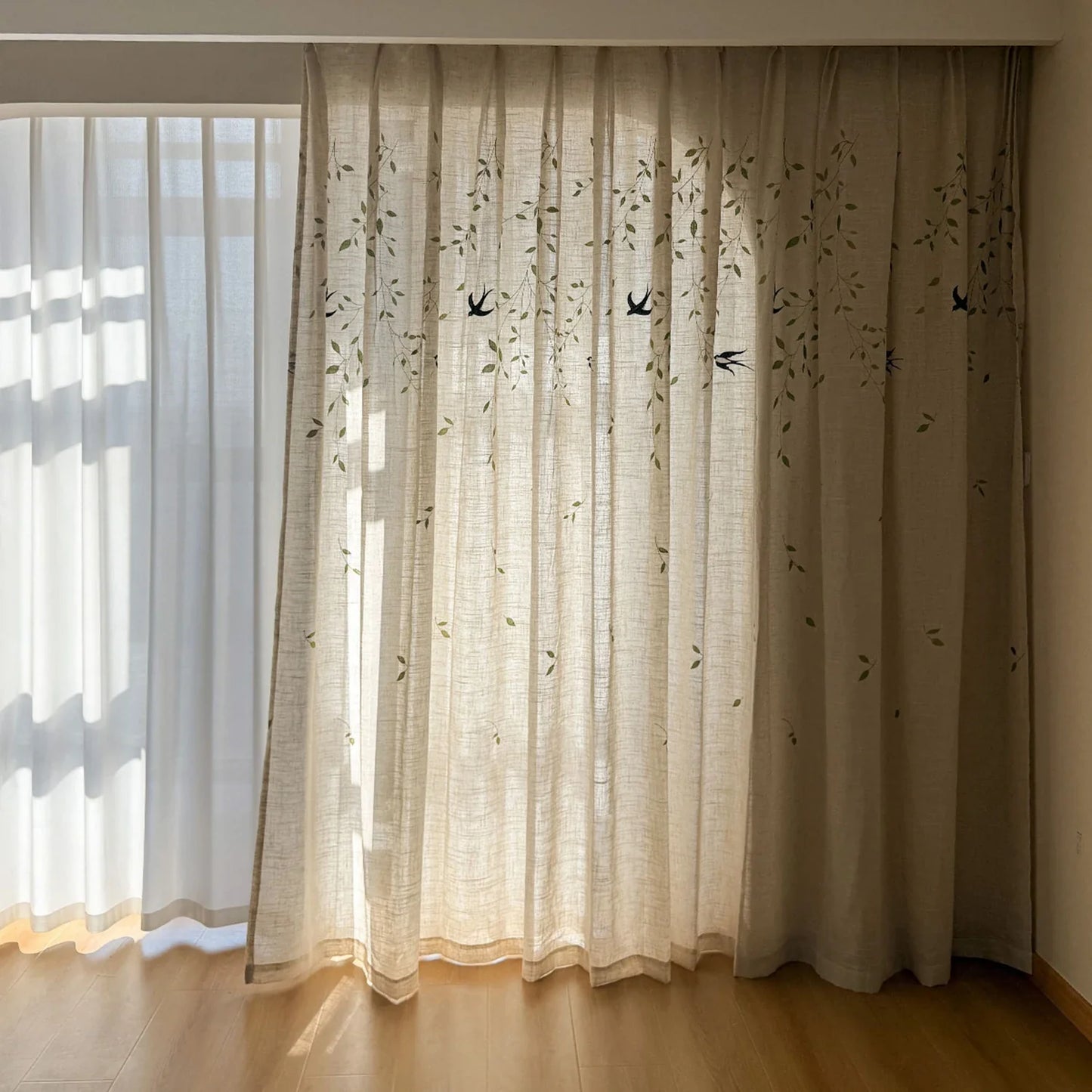 French Embroidered Bird Linen Curtain For Living Room, Privacy Sheer Curtain For Bedroom, Machine Washable .Easy Install Curtain