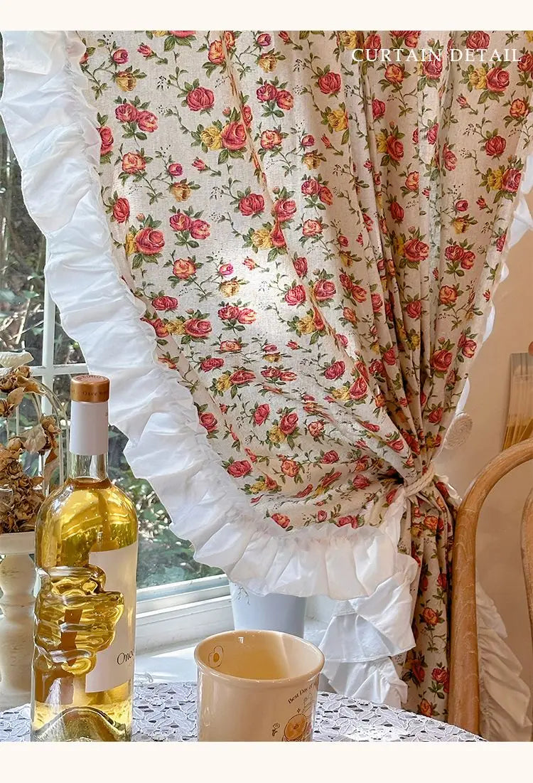 American Ruffled Edge Curtains, Lace French Countryside Style Printed Rose Bedrooms, Ins Style Bay Windows, Screen Curtains,