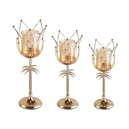 1pcs Electroplated Candlestick Candlelight Dinner European Lotus Metal Candlestick Coconut Tree Candlestick Christmas Decoration