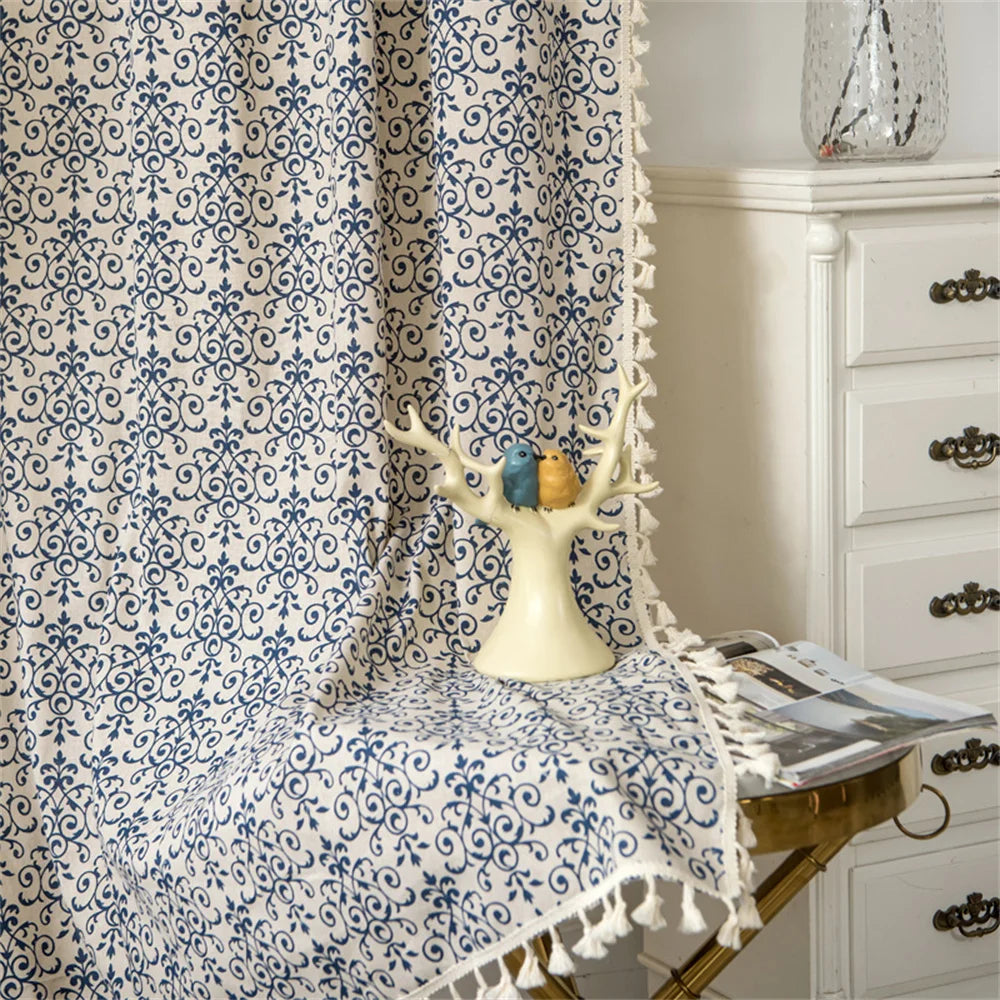 Clochef 1pc American Vintage Farmhouse Curtain Bohemian Imitation Linen Pure Hand Sewn Fringe Curtains Blue And White Porcelain