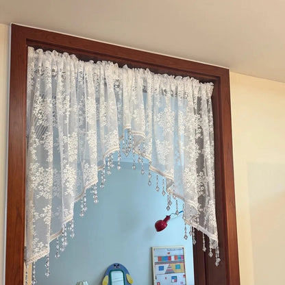 Elegant French Vintage Lace Half Curtain with Beaded Lace Triangle Design | Rod Pocket Privacy Curtain for Bedroom, Kitchen