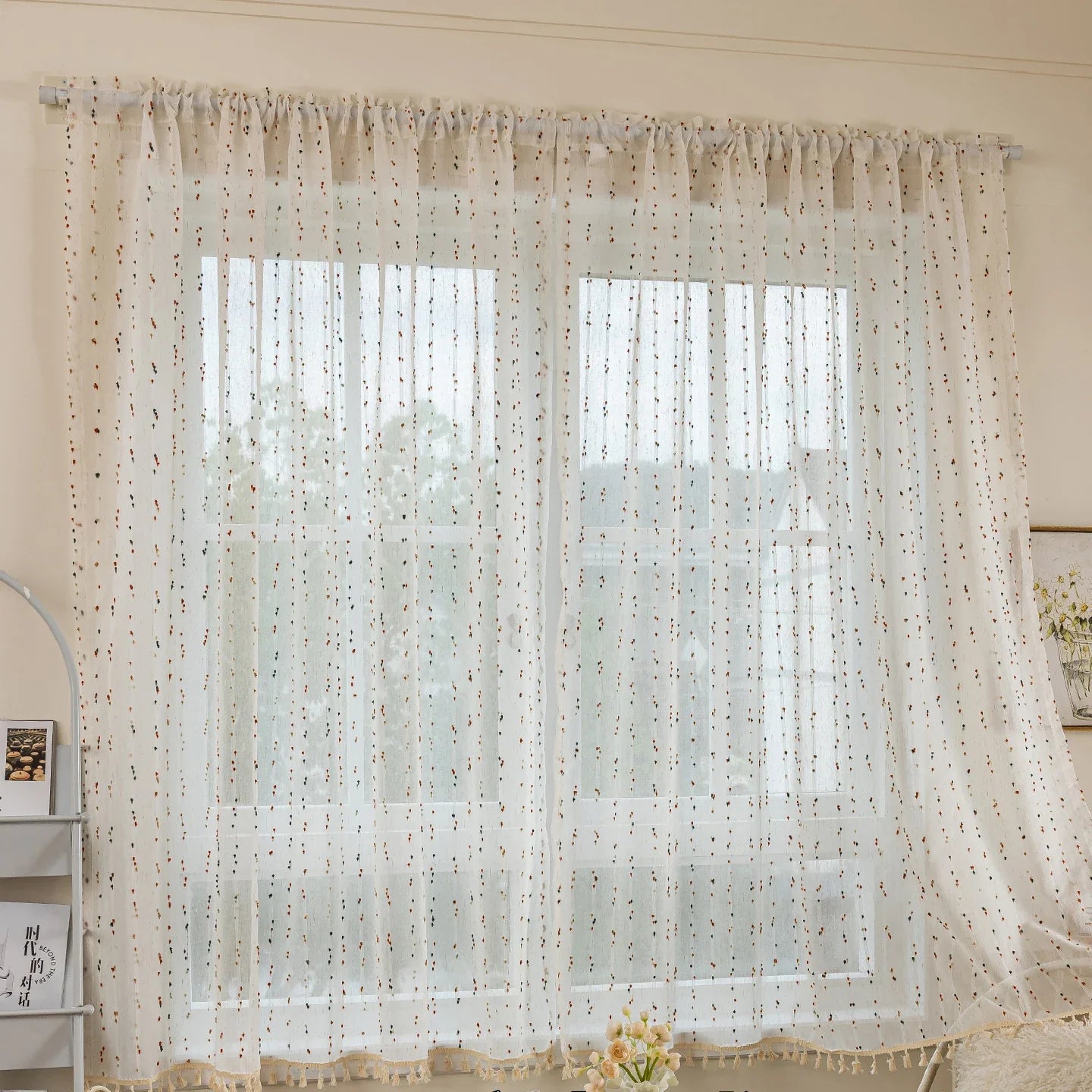 Modern Minimalist Striped Privacy Sheer Curtain, High-Quality Linen Sheer Voile with tassel Embellishment,Cute Home Drapes