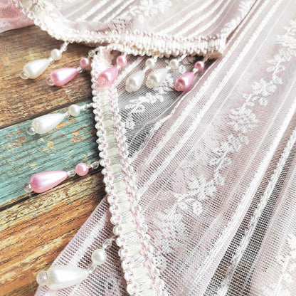 1PC Pink Floral Lace Beaded Jacquard Sheer Curtain for Living Room Kitchen Small Window Drape Cafe Study Blinds
