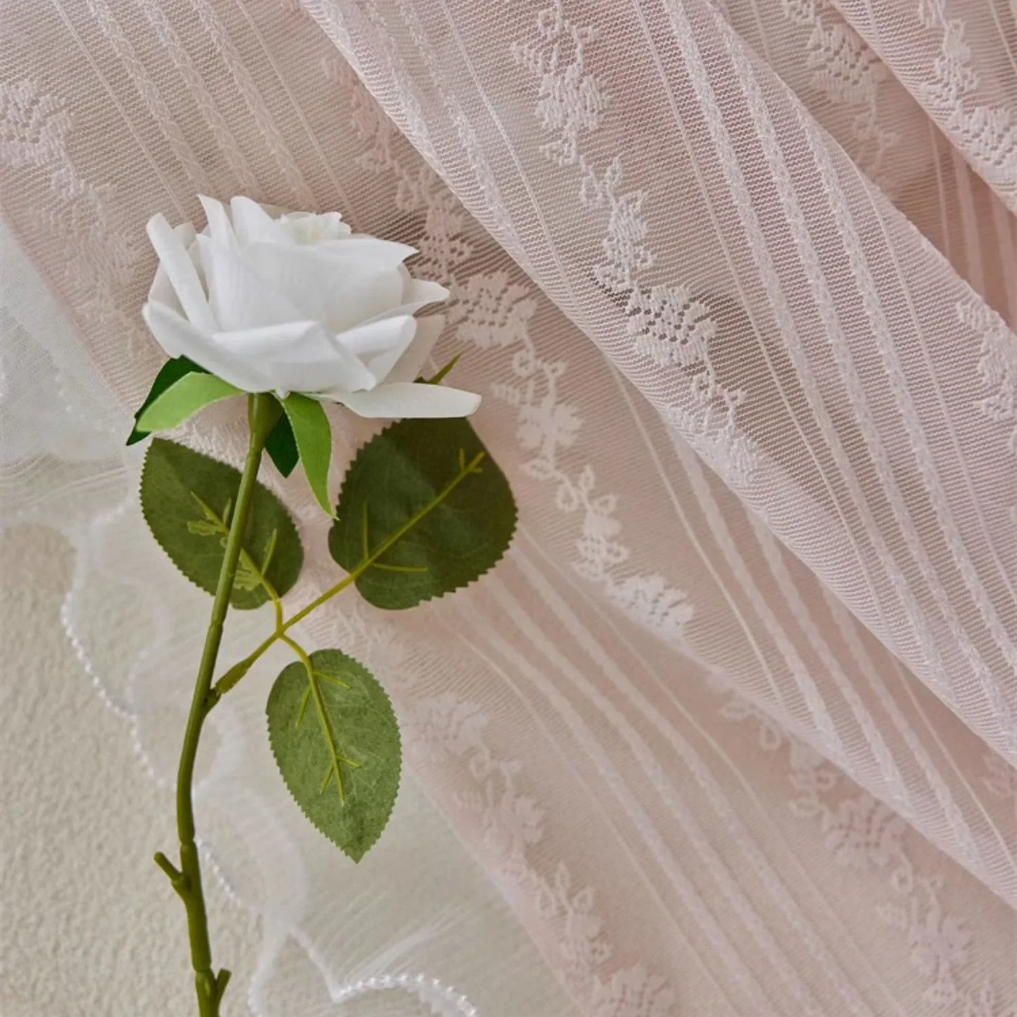 Pink Vertical Striped Rose Flower Lace With White Pearl Ruffled Tulle Curtains For Living Room Romantic Princess Bedroom Drapes