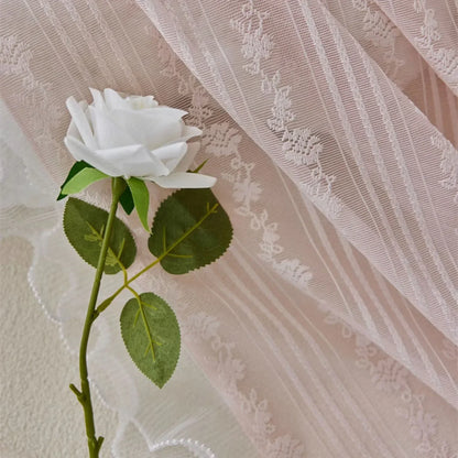 Pink Vertical Striped Rose Flower Lace With White Pearl Ruffled Tulle Curtains For Living Room Romantic Princess Bedroom Drapes