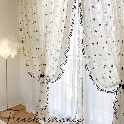 Black Embroidered Lace Rose Window Screen Embroidered Curtain with Lace Partition, Transparent But Not Transparent Curtains
